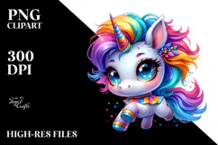 Cute Unicorn Running, Watercolor PNG Product Image 2