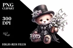 Watercolor Gothic Cute Baby Bear Holding Basket of Flowers | Product Image 3