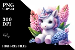 Baby Unicorn with Hyacinth and Rose Frame | Clipart Product Image 1