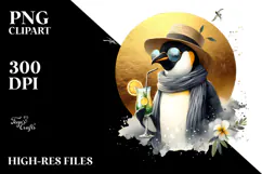 Penguin in Beachwear Drinking Cocktail, Watercolor PNG Product Image 2