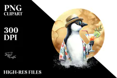 Penguin in Beachwear Drinking Cocktail, Watercolor PNG Product Image 2
