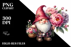 Detailed Watercolor Gnome with Peonies Bouquet | Sublimation Product Image 1