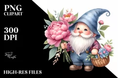 Detailed Watercolor Gnome with Peonies Bouquet | Sublimation Product Image 1