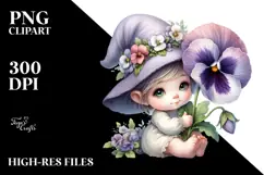 Cute Baby Gnome with Big Pansy PNG Product Image 2