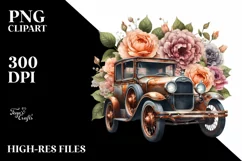 Vintage Rusty Car with Huge Flowers PNG Product Image 1