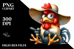 Funny Rooster with Sun Hat Watercolor Clipart Product Image 1