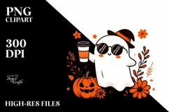 Cartoon Ghost with Sunglasses Holding Coffee, PNG Product Image 3