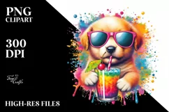 Puppy Drinking Colorful Drink | Watercolor Clipart Product Image 1