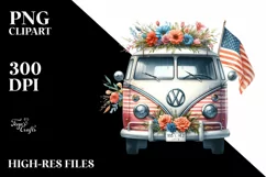 Floral Van with USA Flag | Sublimation Clipart Product Image 1