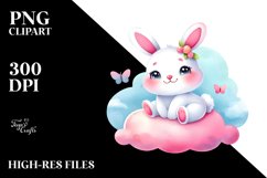 Colorful Pink-ish Cute Baby Bunny on Smiling Cloud PNG Product Image 2