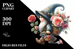 Detailed Watercolor Gnome with Rose Bouquet | Sublimation Product Image 1