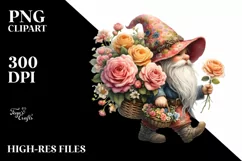 Detailed Watercolor Gnome with Rose Bouquet | Sublimation Product Image 1