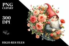 Detailed Watercolor Gnome with Rose Bouquet | Sublimation Product Image 3