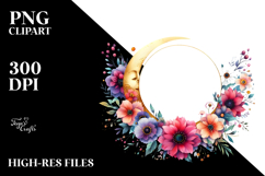 Vibrant Boho Moon with Flowers and Clouds Clipart Product Image 2
