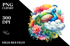 Colorful Peacock Sleeping on Cloud Watercolor Clipart Product Image 2