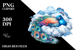 Colorful Peacock Sleeping on Cloud Watercolor Clipart Product Image 2