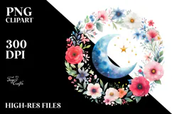 Vibrant Watercolor Moon with Stars | Clipart Product Image 2