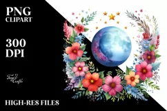 Vibrant Wimsical Moon with Flowers and Stars Clipart Product Image 1