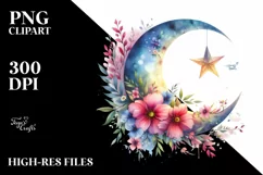 Vibrant Wimsical Moon with Flowers and Stars Clipart Product Image 1