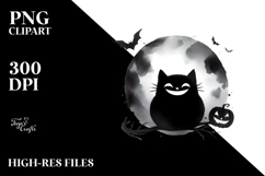 Detailed Pastel Halloween Black Cat Watercolor PNG Product Image 2