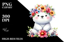 Sweet Polar Bear with Flower Crown, Cartoon Style PNG Product Image 2