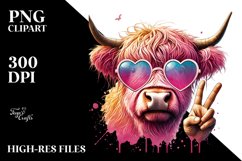 Pink Highland Cow with Heart Sunglasses PNG Product Image 2