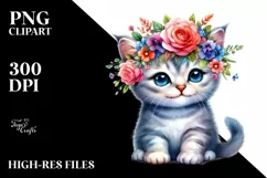 Sitting Cat with Floral Wreath, PNG Product Image 1
