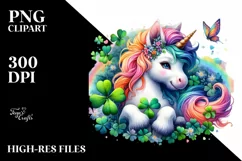 Colorful Baby Unicorn with Clover Patch PNG Product Image 3