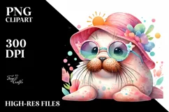 Colorful Baby Walrus with Sunglasses and Sun Hat PNG Product Image 1