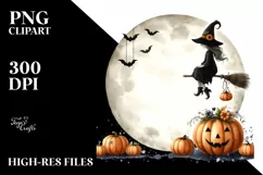 Witch on Moon with Pumpkins, Vintage PNG Product Image 3