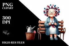 Old Lady Character on Bench with Hair Curlers | Sublimation Product Image 1