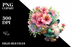 Detailed Watercolor Gnome with Azalea Bouquet | Sublimation Product Image 1