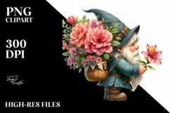 Detailed Watercolor Gnome with Azalea Bouquet | Sublimation Product Image 1