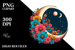 Retro Colorful Half Moon with Flowers PNG Product Image 2