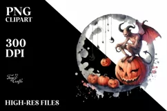 Demon on Moon with Pumpkins, Vintage PNG Product Image 1