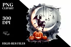 Demon on Moon with Pumpkins, Vintage PNG Product Image 1