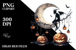 Demon on Moon with Pumpkins, Vintage PNG Product Image 3