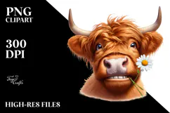 Watercolor Highland Cow Portrait Daisy | Sublimation Clipart Product Image 2