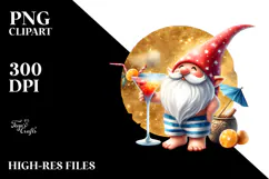 Gnome in Beachwear Drinking Cocktail, Watercolor PNG Product Image 2