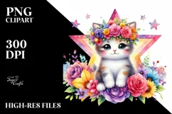 Colorful Kitten with Flower Crown, Cartoon Style PNG Product Image 3