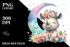 Smiling Baby Rhino with Whimsical Moon Flowers | Sublimation Product Image 1
