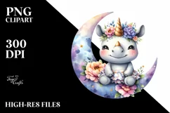 Cute Baby Rhino Dressed, Moon Flowers Clipart Product Image 3