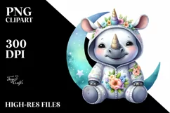 Smiling Baby Rhino with Whimsical Moon Flowers | Sublimation Product Image 1