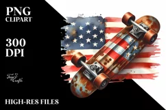 Vintage Rusted Skateboard USA Flag Watercolor Clipart Product Image 1