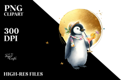 Penguin in Beachwear Drinking Cocktail, Watercolor PNG Product Image 2