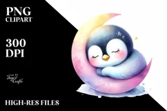 Colorful Cute Baby Penguin Sleeping on Moon | Clipart Product Image 3