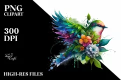 Abstract Vibrant Watercolor Bird with Flowers, High-Res PNG Product Image 3