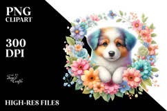 colorful Pastel Puppy Floral Frame PNG Product Image 2