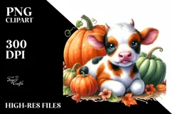 Vibrant Baby Cow with Pumpkin | Sublimation | Clipart Product Image 1