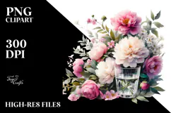 Watercolor Jar Peonies Scene | Clipart Product Image 2
